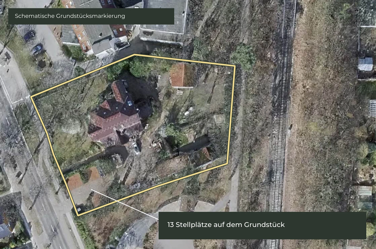 Luftbild mit markiertem Grundstück und Hinweis auf 13 Stellplätze